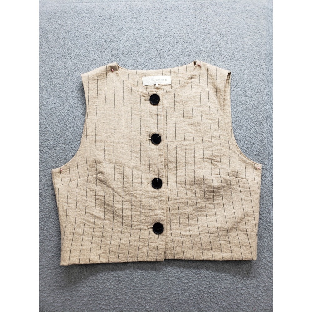 ZARA Women Vest XS Beige Stripe‎ Sleeveless Button Up Summer Waistcoat Bohemian